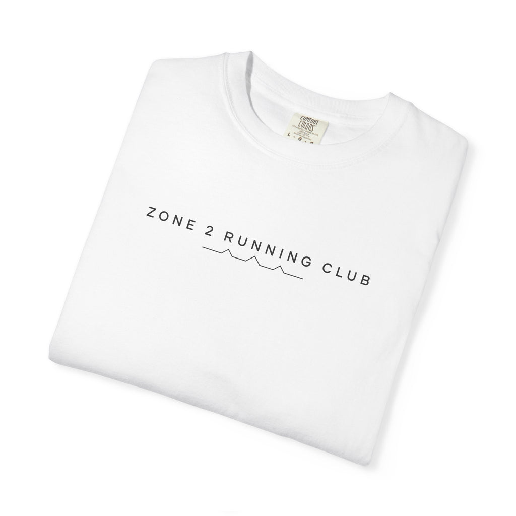 White crewneck T-shirt with bold arched “ZONE 2 RUNNING CLUB” chest graphic
