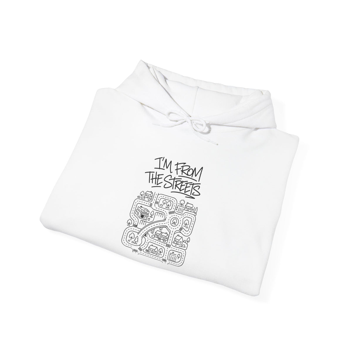 White map graphic hoodie folded front with hood and drawstrings