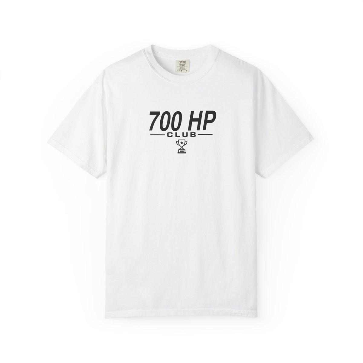 White 700 HP Club T-shirt with centered dark logo graphic