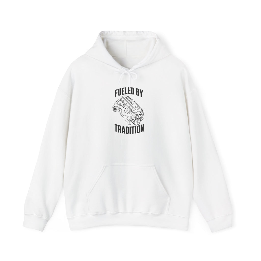 White pullover hoodie with front “Fueled by Tradition” inline engine graphic, hood and pocket