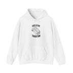 White pullover hoodie with front “Fueled by Tradition” inline engine graphic, hood and pocket