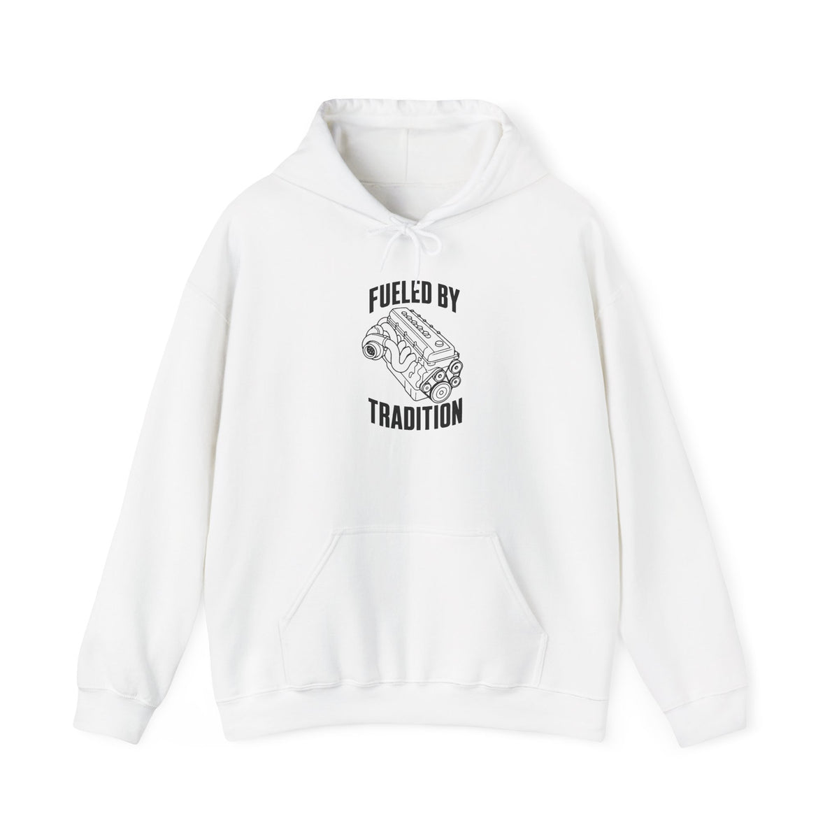White pullover hoodie with front “Fueled by Tradition” inline engine graphic, hood and pocket