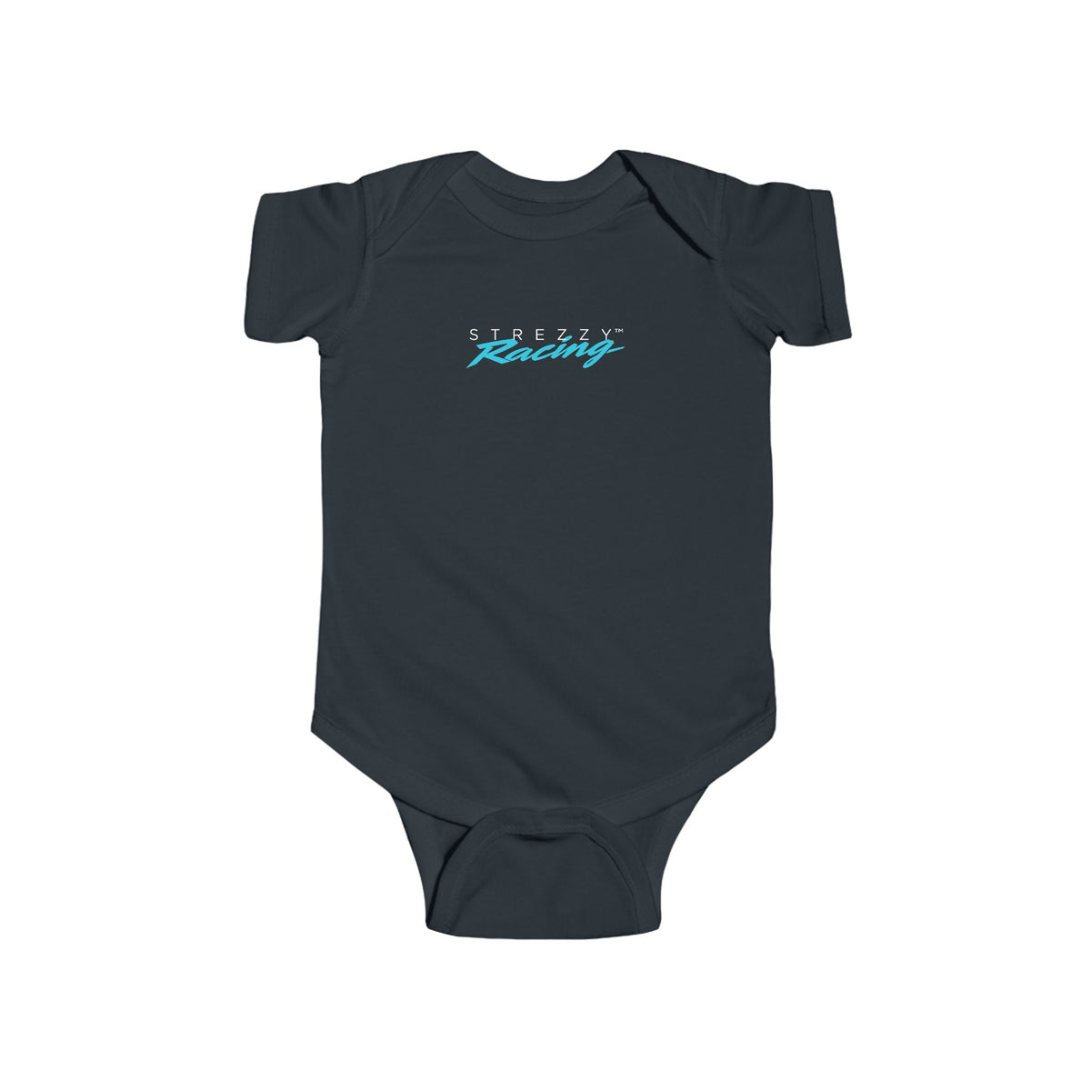 Dark navy short-sleeve baby bodysuit with Strezzy Racing logo on chest