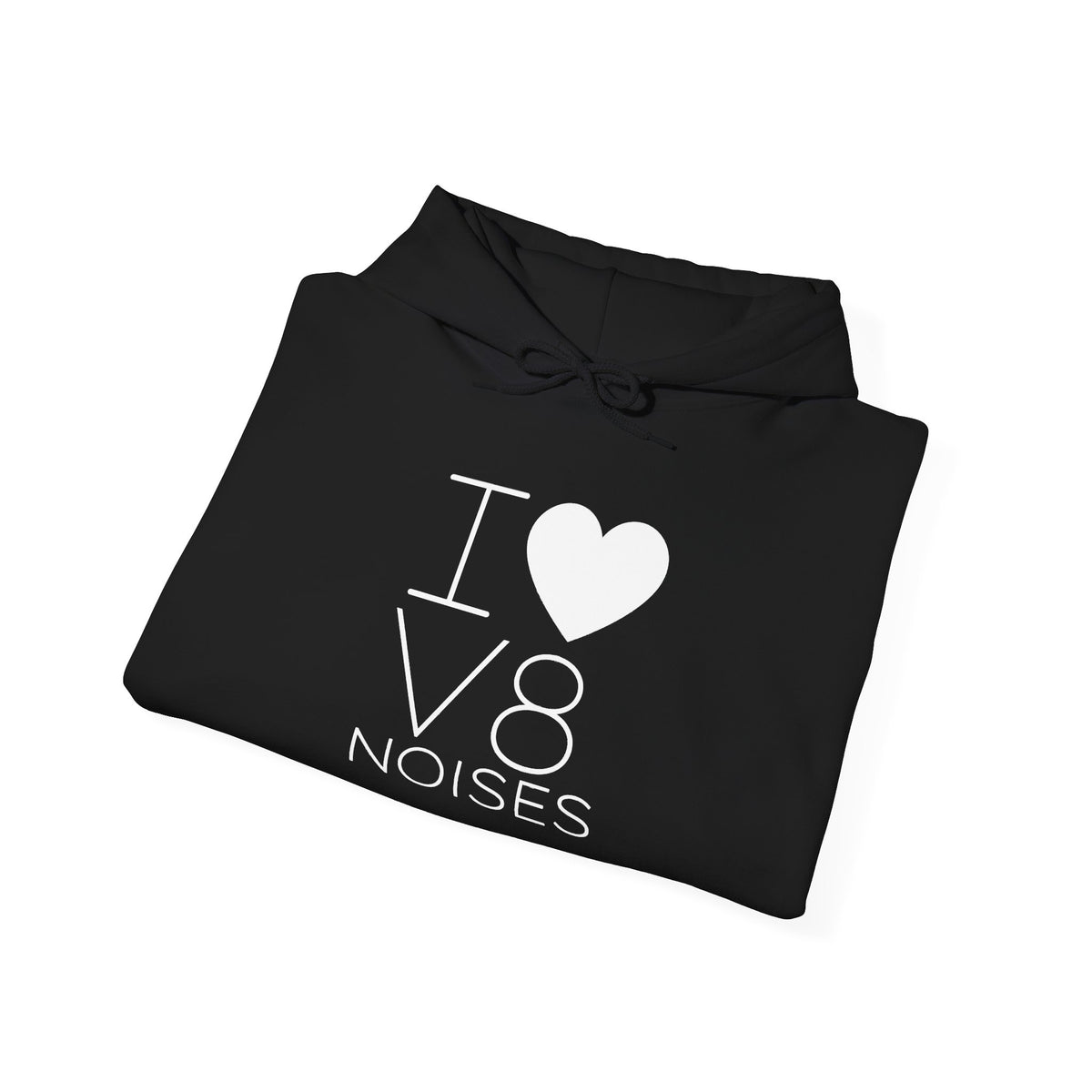 Black hoodie folded with I heart V8 noises graphic