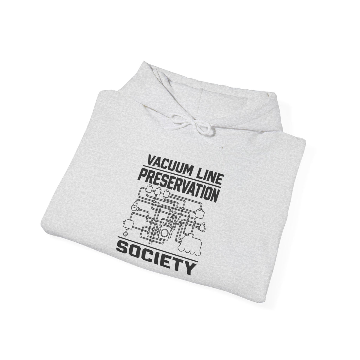 Heather gray hoodie with front graphic logo, hood and drawstring.