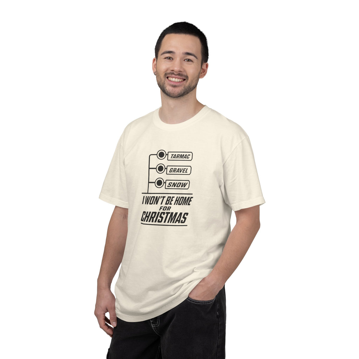 Light ivory crew-neck T-shirt with holiday sign graphic on chest
