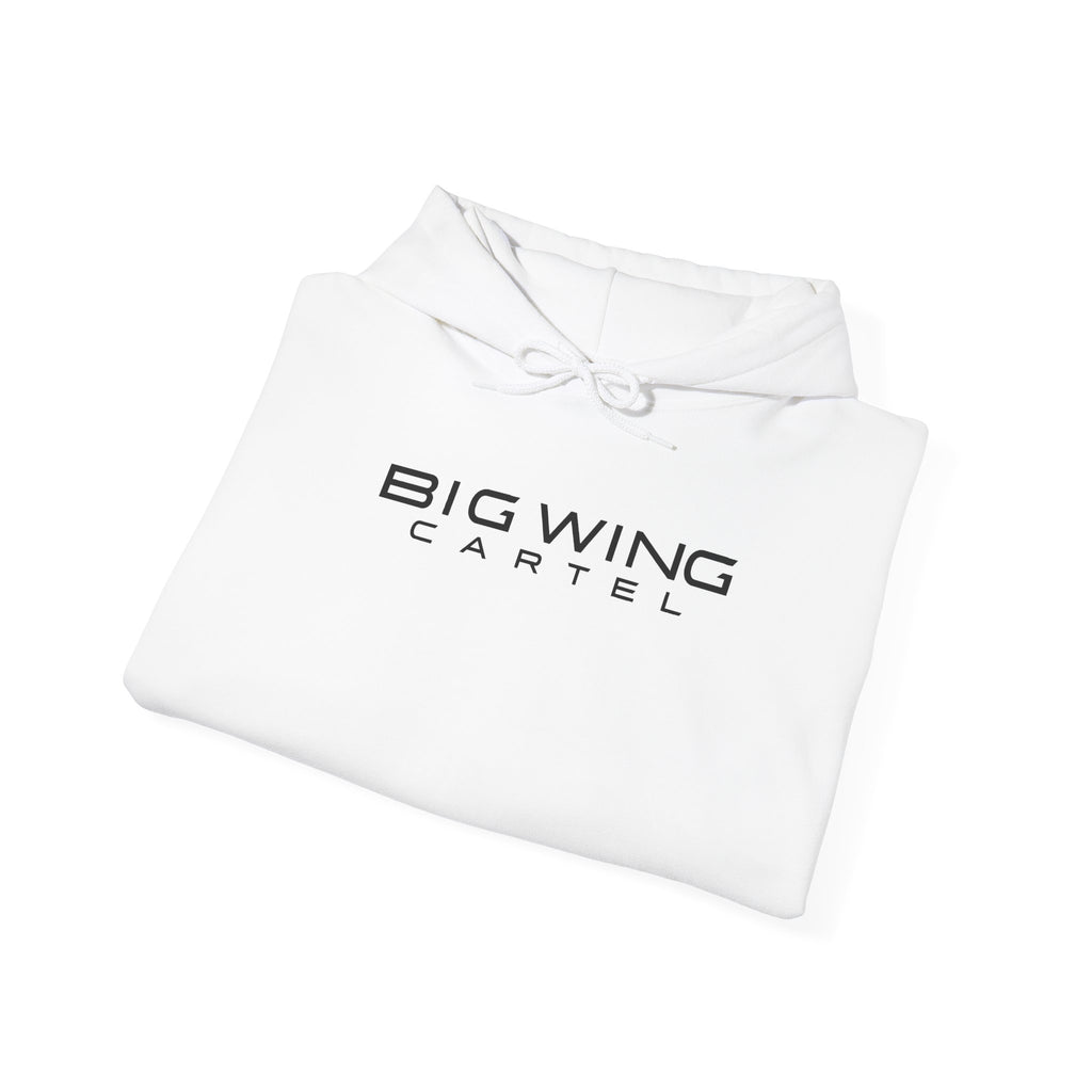 White hoodie folded flat with drawstring hood and Big Wing logo print