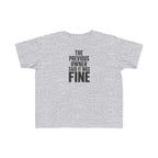 Heather gray toddler graphic t-shirt with bold text "FINE"