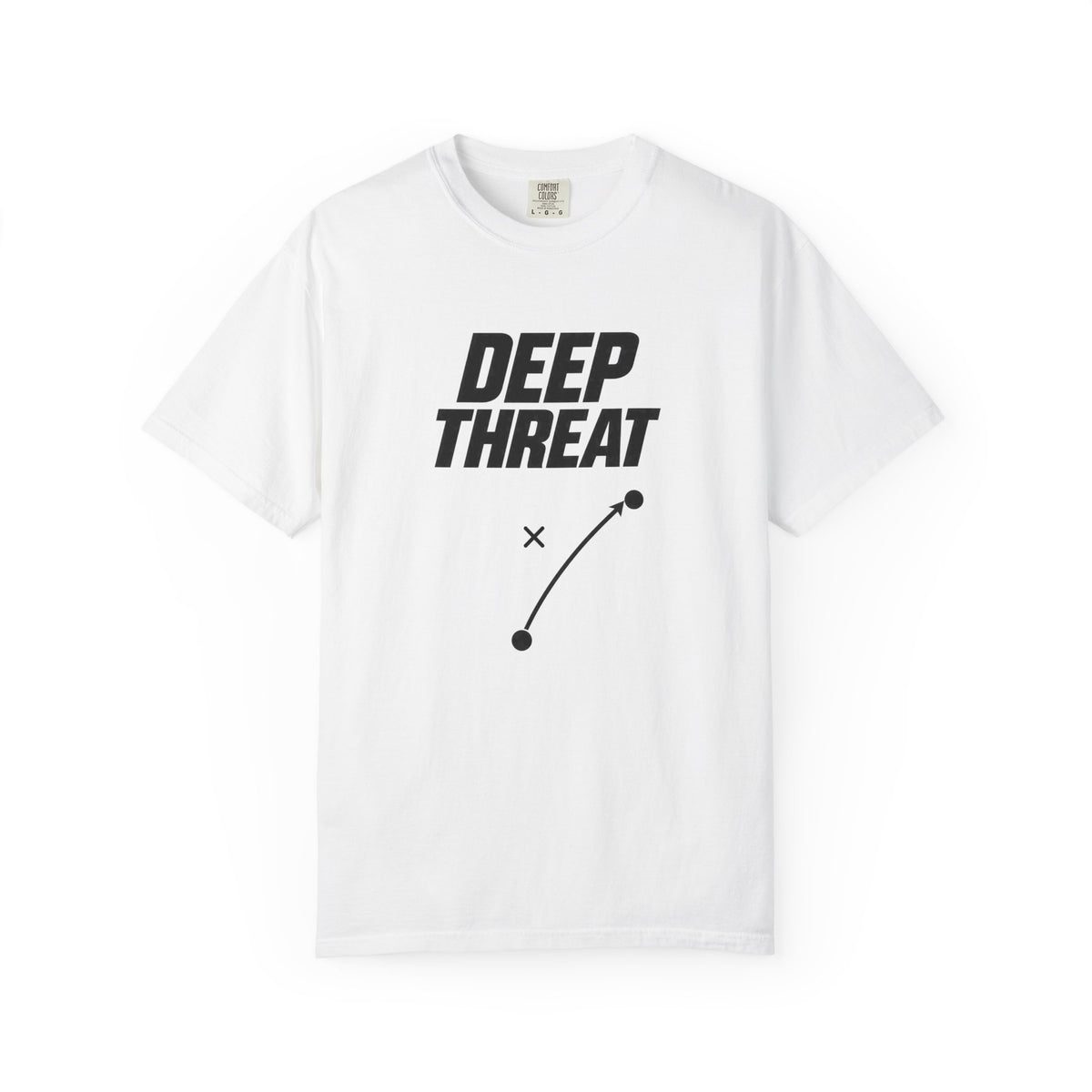 White crewneck football t-shirt with centered black “DEEP THREAT” graphic