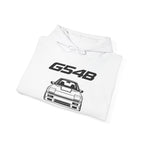 White pullover hoodie with large GS48 logo and car graphic, drawstring hood