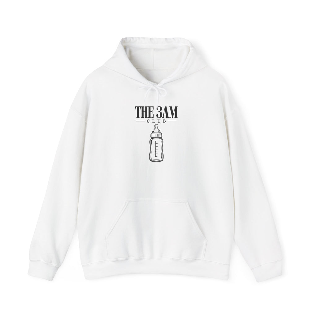 Baby pullover hoodie in white with “THE 3AM CLUB” bottle graphic on chest