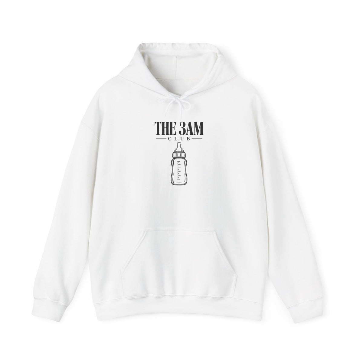 Baby pullover hoodie in white with “THE 3AM CLUB” bottle graphic on chest