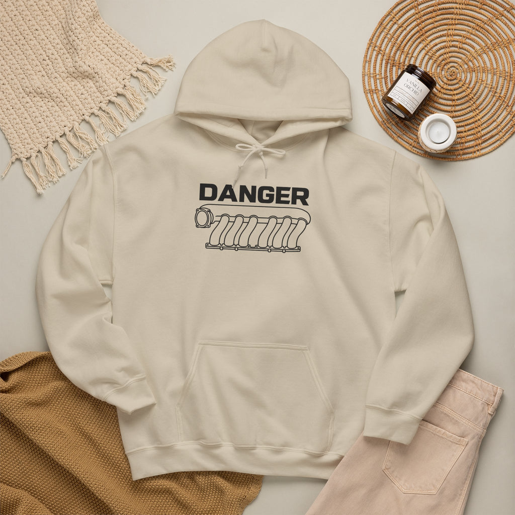 Sand pullover hoodie with “DANGER” engine graphic, hood and front pocket
