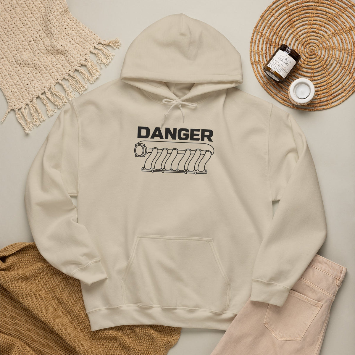 Sand pullover hoodie with “DANGER” engine graphic, hood and front pocket