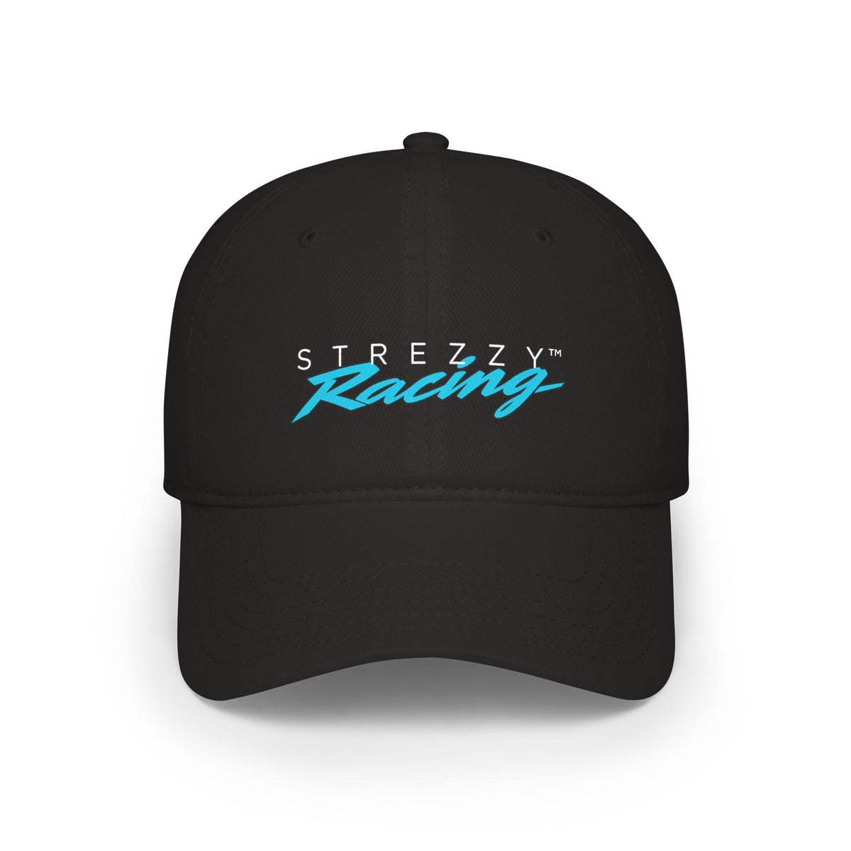 Black racing cap with embroidered STREZZY Racing logo on the front panel