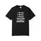 Black crew-neck T-shirt with TARMAC, GRAVEL, SNOW graphic and “I WON’T BE HOME FOR CHRISTMAS”.