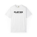 White crew-neck T-shirt with Flat Six logo graphic on the chest.