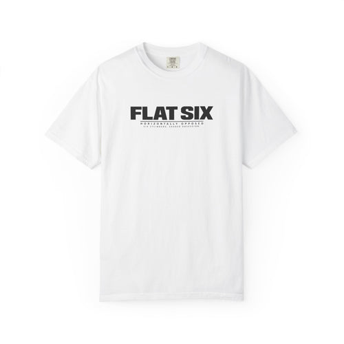 White crew-neck T-shirt with Flat Six logo graphic on the chest.