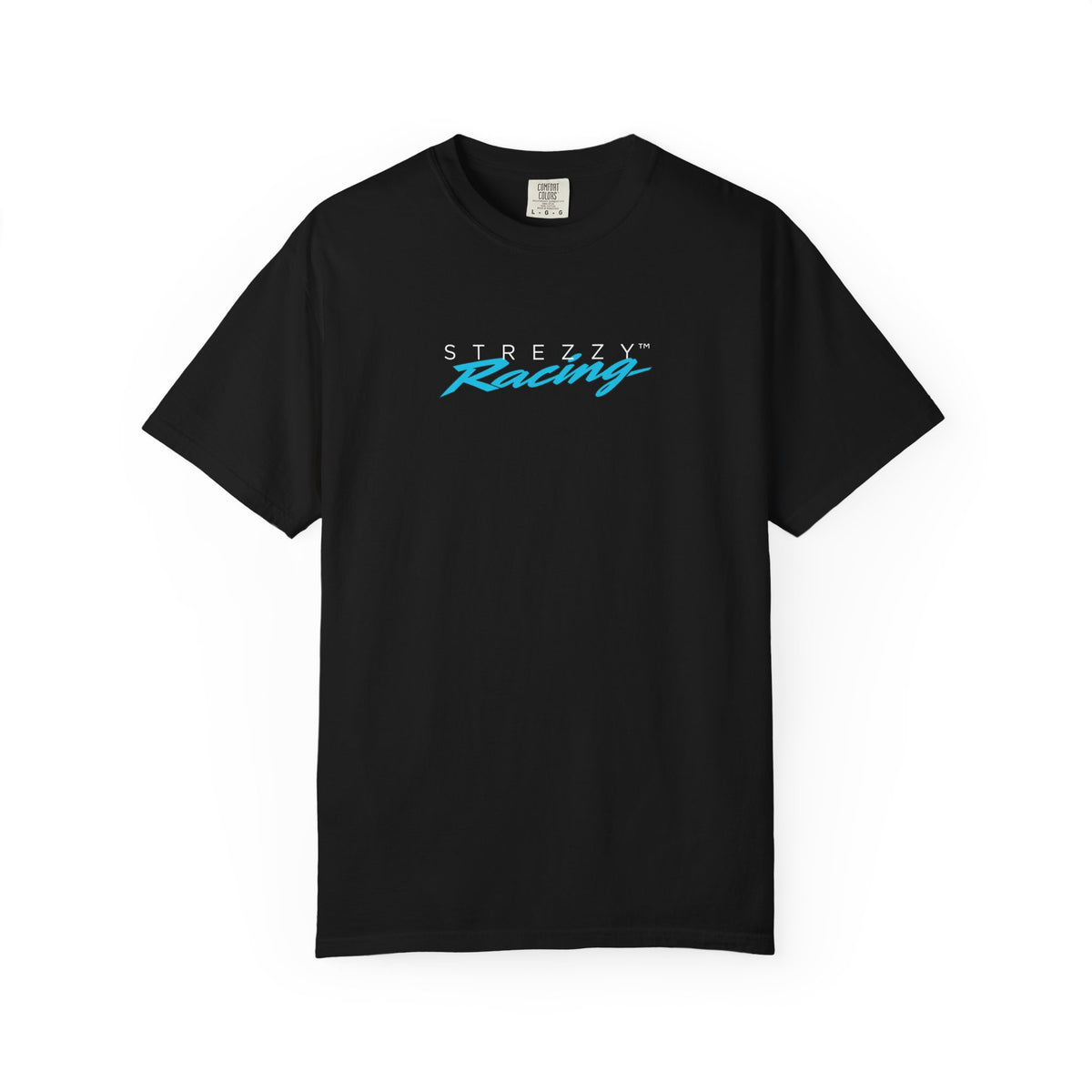 Black short-sleeve crewneck t-shirt with colorful Strezzy Racing logo on chest