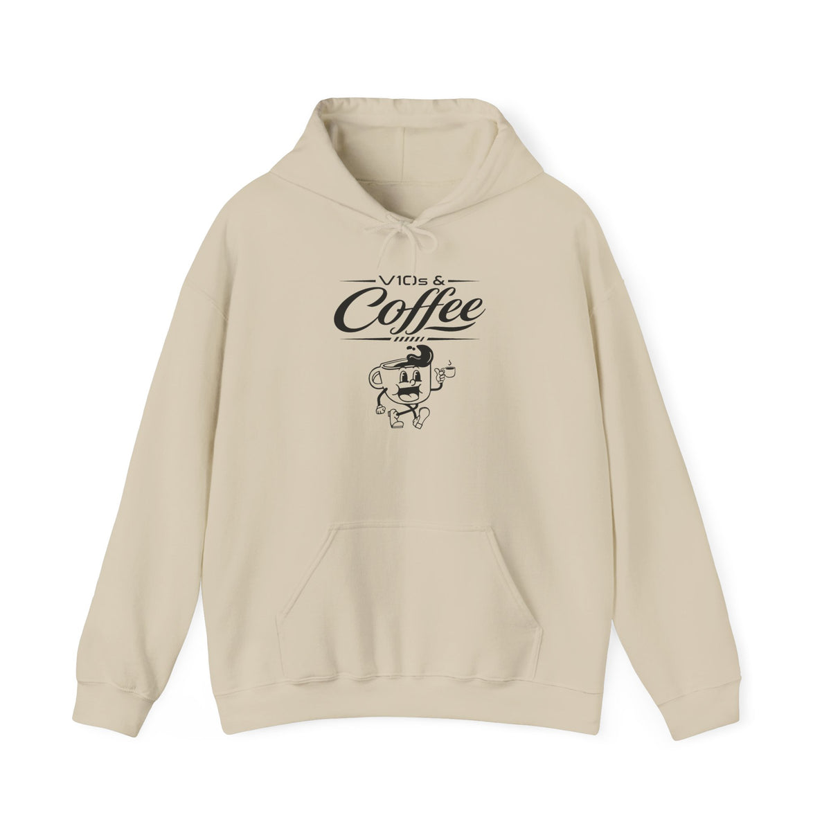 Sand beige pullover hoodie with hood, drawstring, kangaroo pocket, and Coffee logo graphic