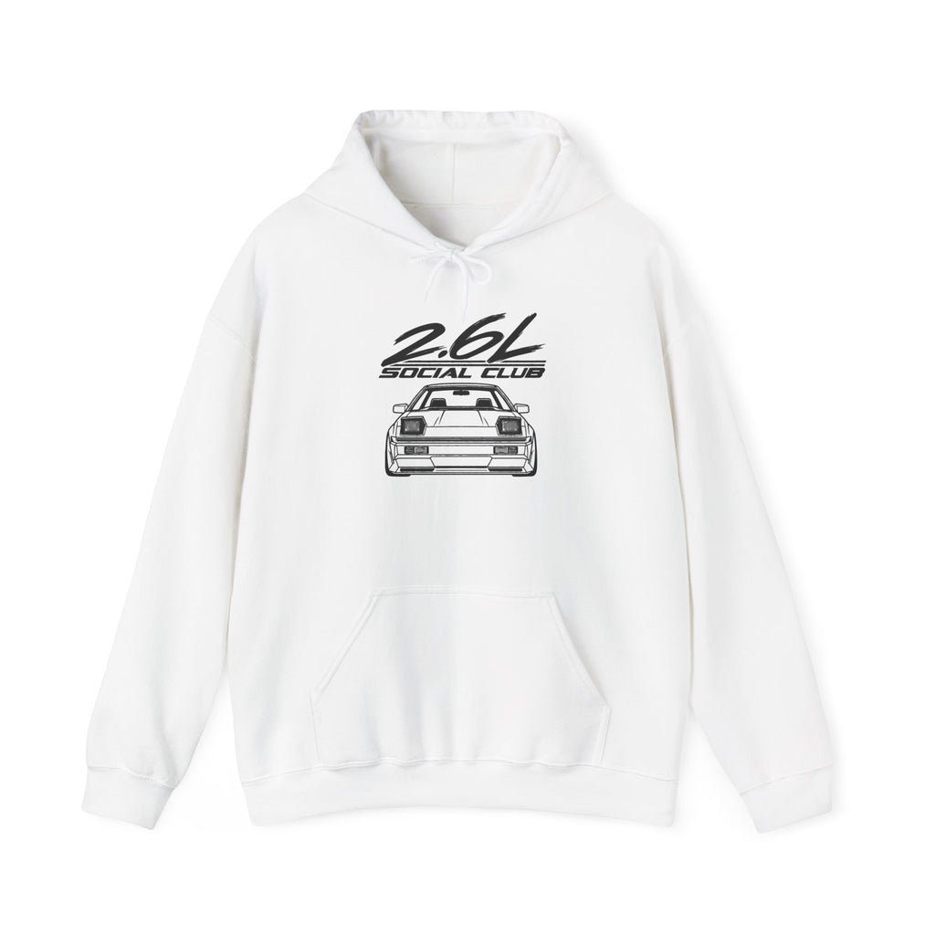 White hoodie with drawstring hood and kangaroo pocket, front car graphic print.