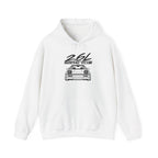 White hoodie with drawstring hood and kangaroo pocket, front car graphic print.