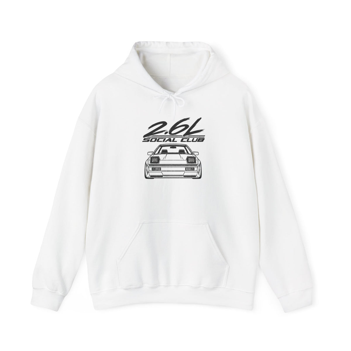 White hoodie with drawstring hood and kangaroo pocket, front car graphic print.