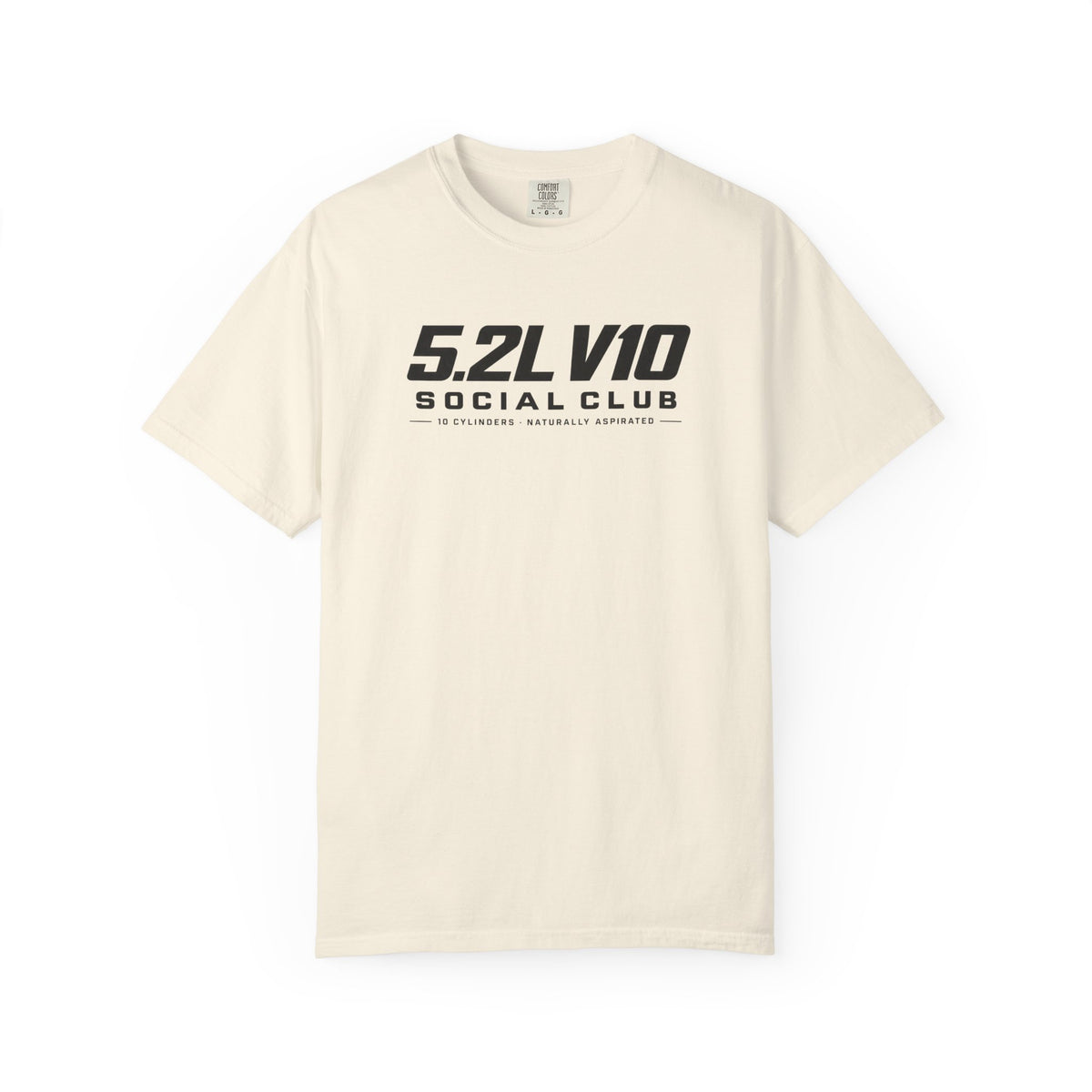 Ivory crewneck T-shirt with centered “5.2L V10 Social Club” graphic