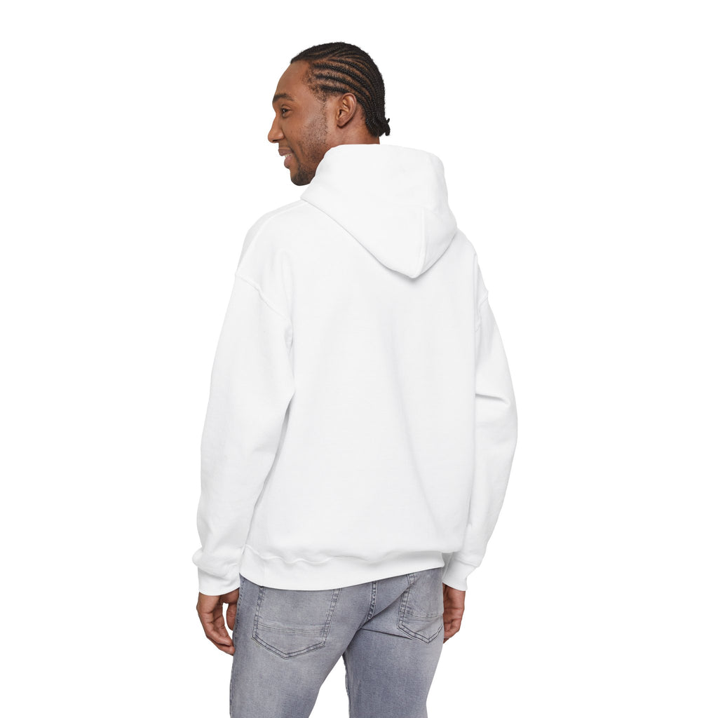 White hoodie on model, side/back view, hood with drawstring, ribbed cuffs