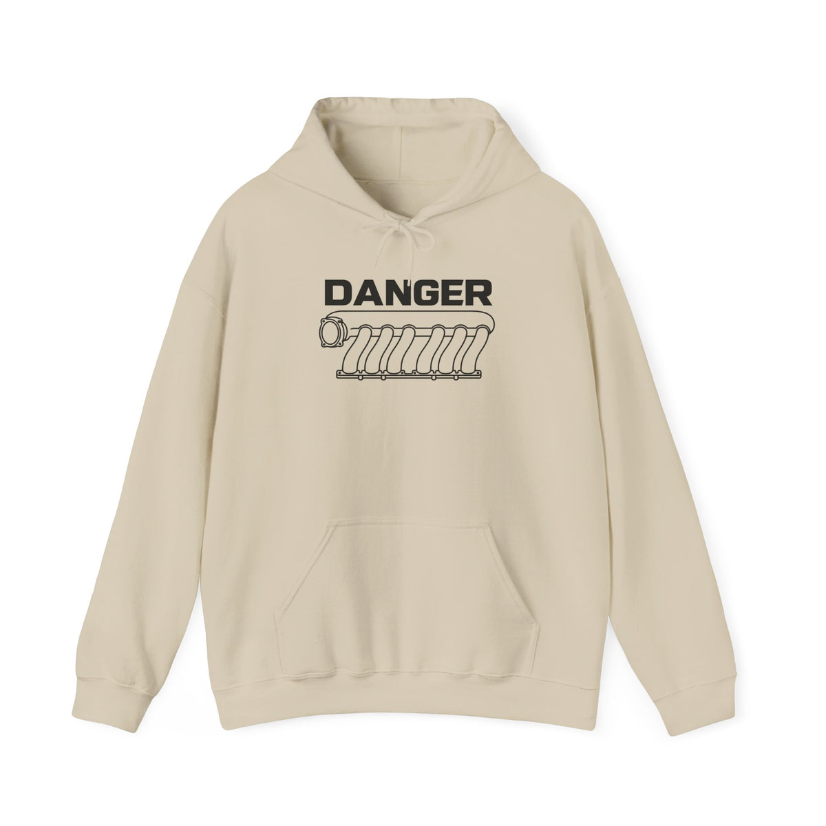 Sand pullover hoodie with DANGER engine graphic on front, kangaroo pocket