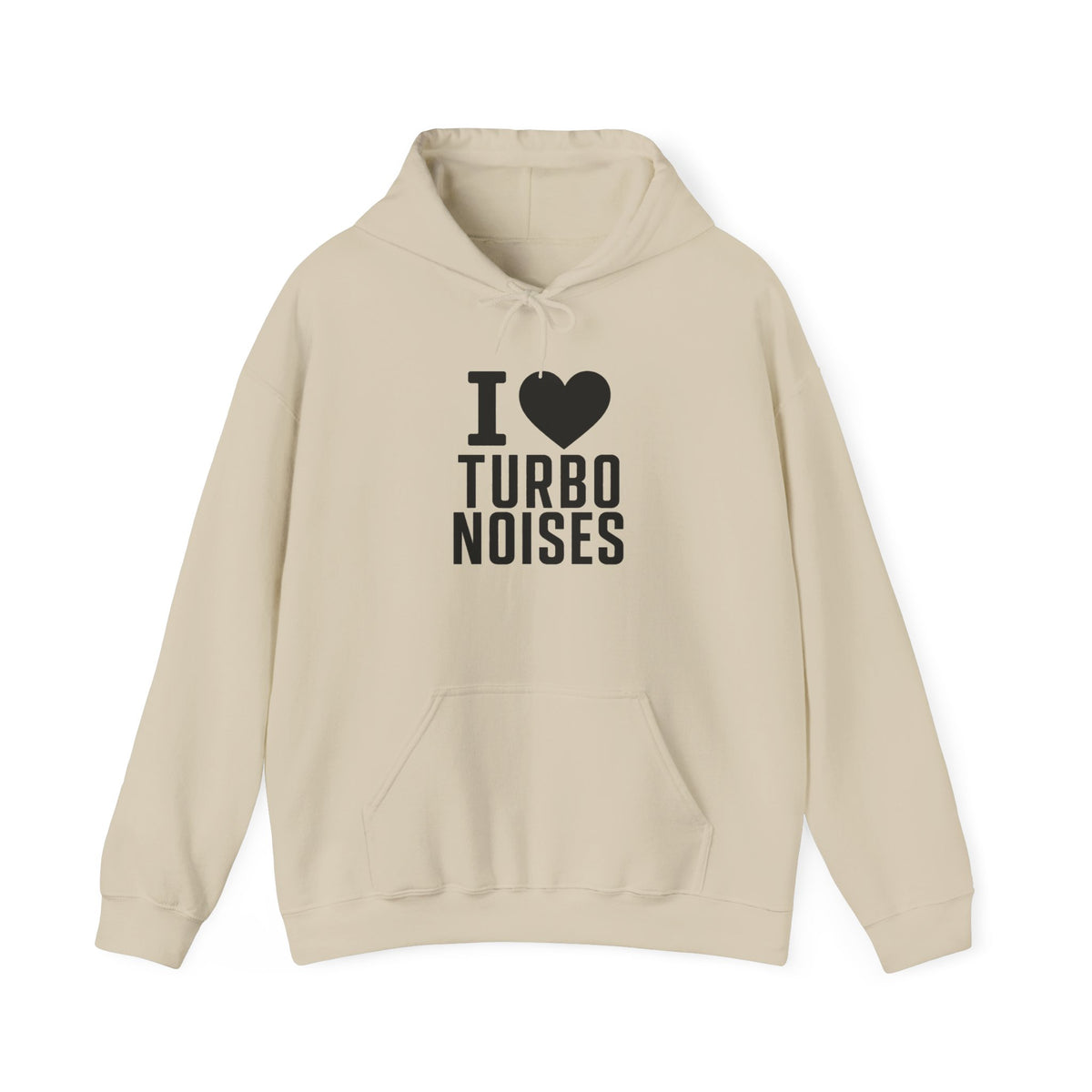 Sand/beige hoodie with front pouch pocket, drawstring hood, and I heart Turbo Noises logo