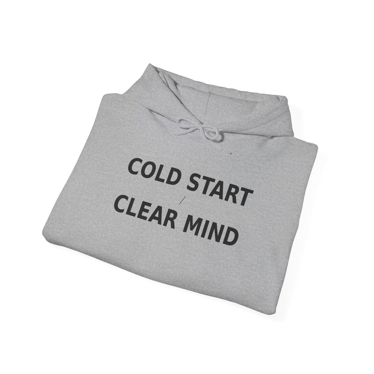 Heather grey hoodie folded with drawstring hood and front text graphic