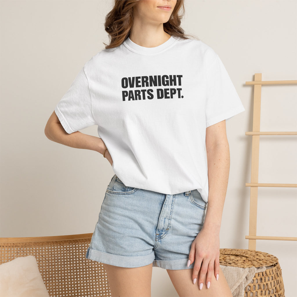 White T-shirt with 'OVERNIGHT PARTS DEPT.' chest print, short sleeves