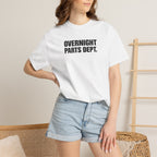 White T-shirt with 'OVERNIGHT PARTS DEPT.' chest print, short sleeves