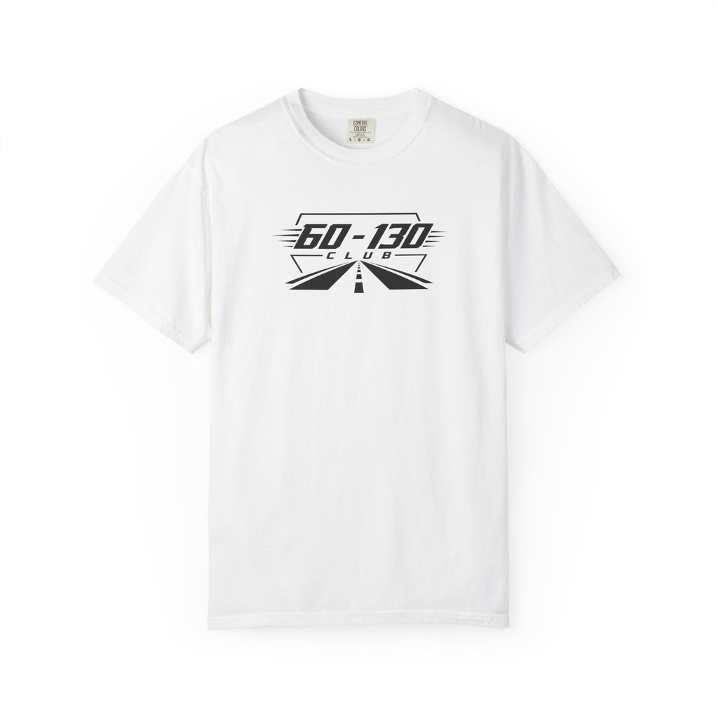 White crew-neck T-shirt with 60-130 Club logo graphic on the chest
