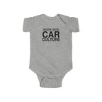 Heather gray baby bodysuit with short sleeves and front “Born Into Car Culture” graphic