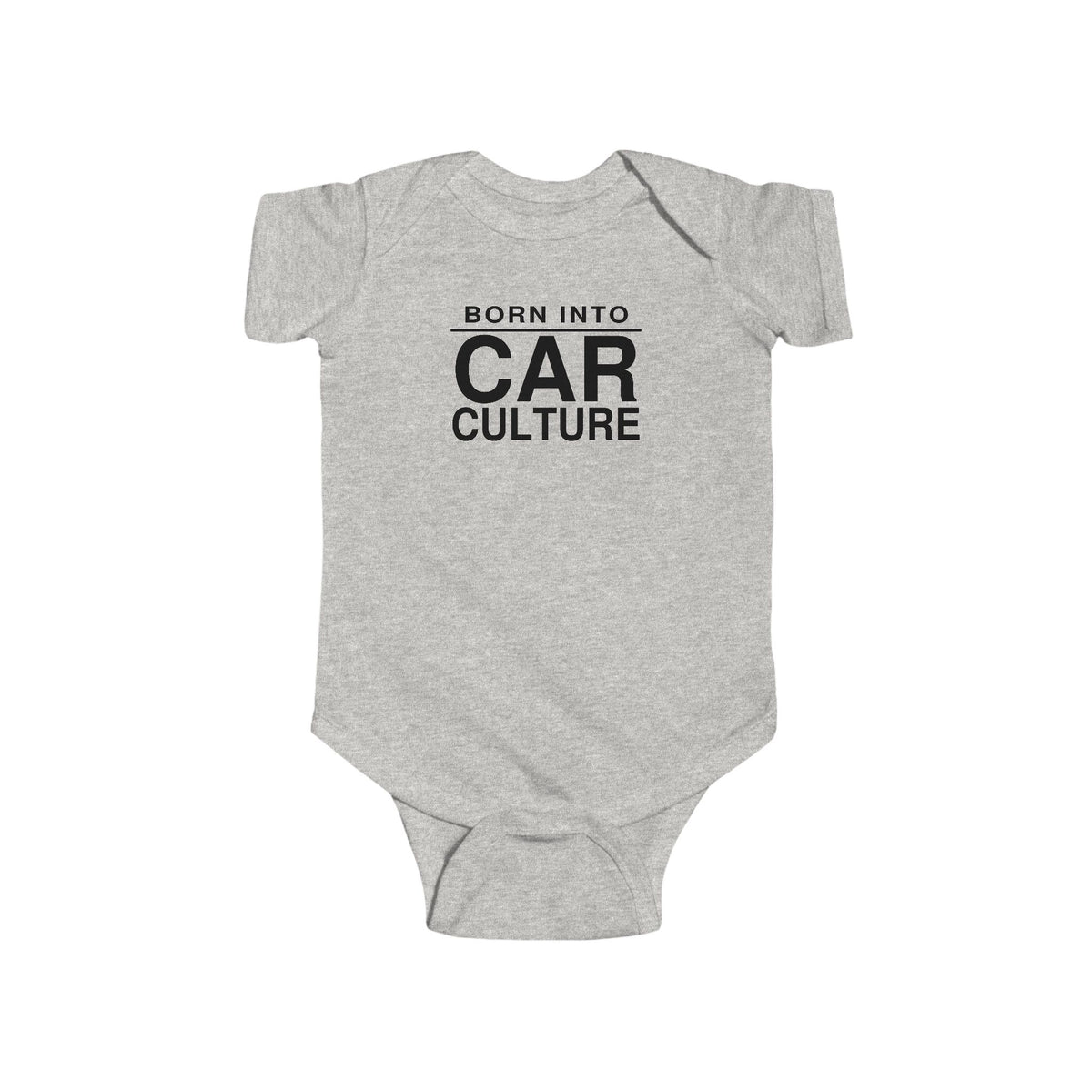 Light gray baby bodysuit with short sleeves and front “Born Into Car Culture” graphic