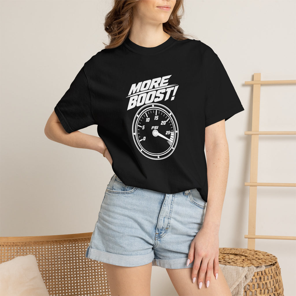 Black crew-neck T-shirt with “MORE BOOST!” gauge graphic on the front.