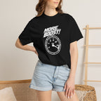 Black crew-neck T-shirt with “MORE BOOST!” gauge graphic on the front.