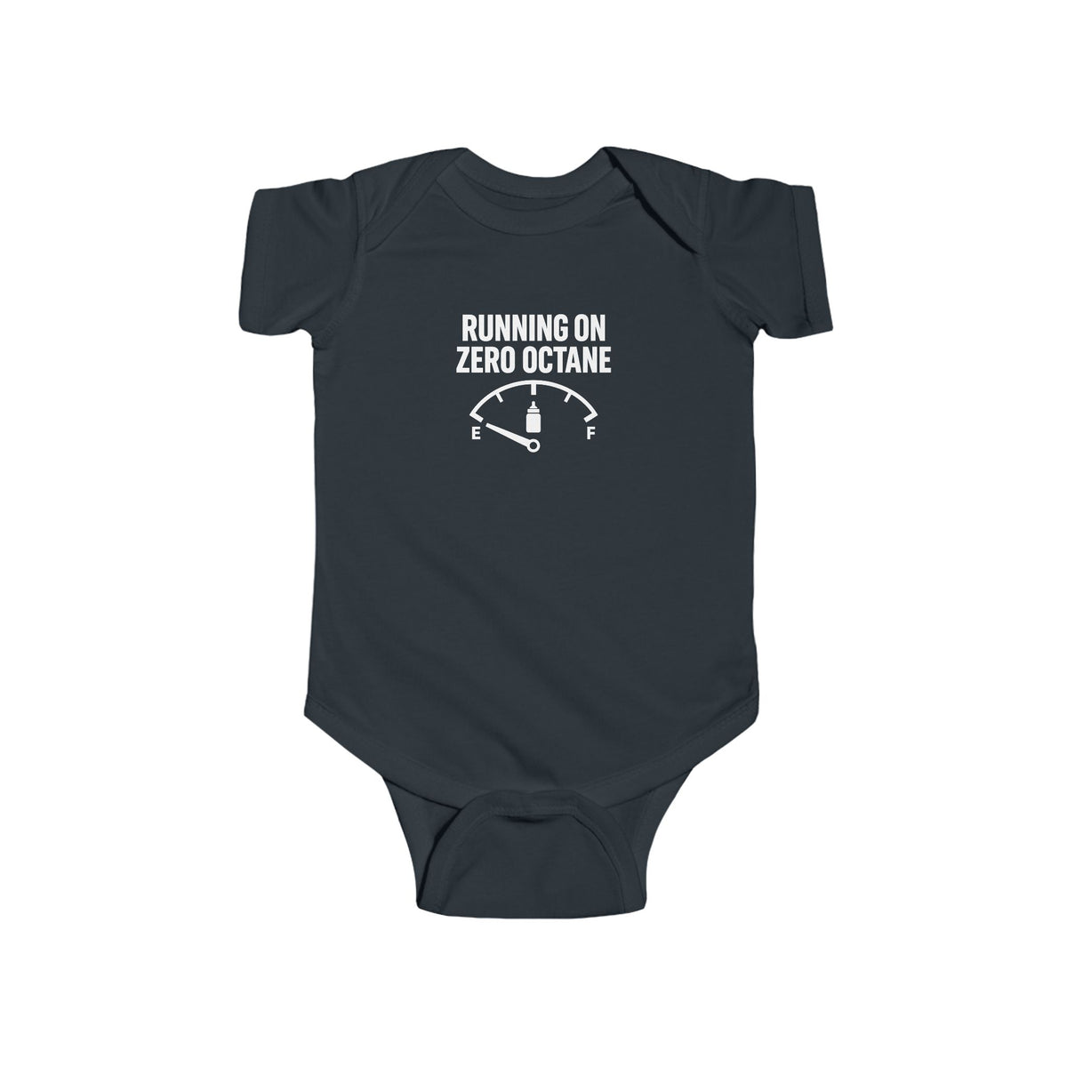 Black baby bodysuit with short sleeves and snap bottom, center printed slogan graphic.