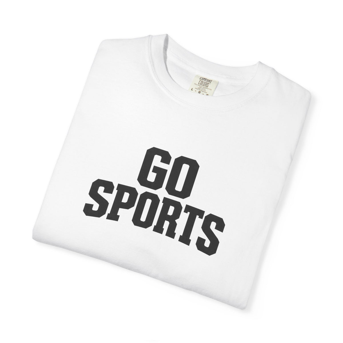 White crew-neck t-shirt with angled "GO SPORTS" logo print on the chest