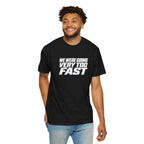 Black T-shirt worn by a man, front slogan graphic in white and dark tones