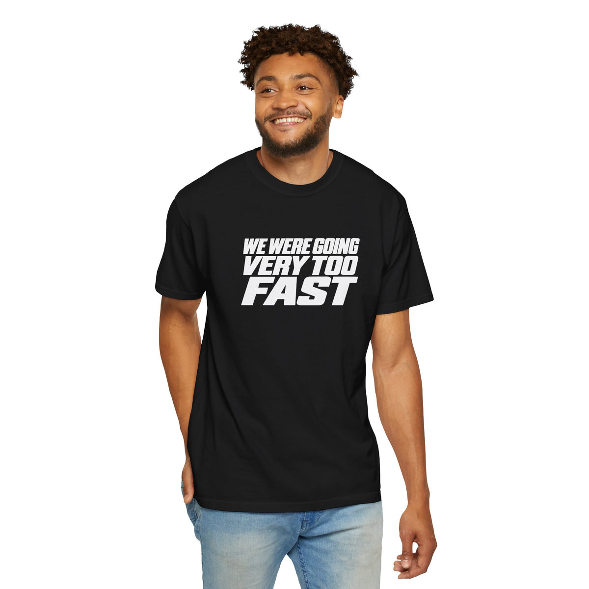 Black T-shirt worn by a man, front slogan graphic in white and dark tones