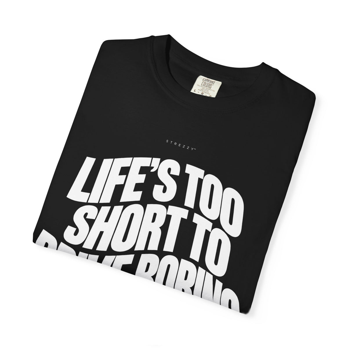 Black short-sleeve T-shirt laid flat with front slogan graphic