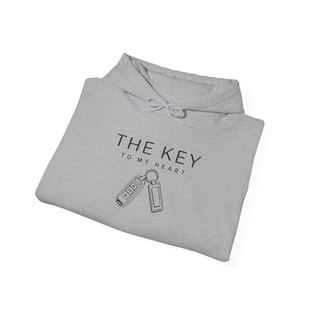Sport grey hoodie, drawstring hood, 'The Key to My Heart' key graphic