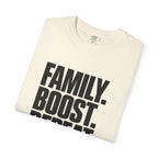 Ivory crew-neck T-shirt with bold black "FAMILY BOOST REPEAT" graphic front
