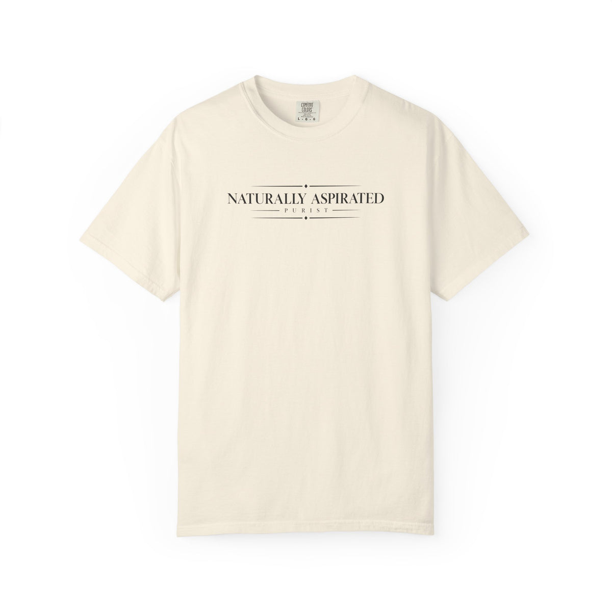 Ivory crew-neck t-shirt front view with Naturally Aspirated logo