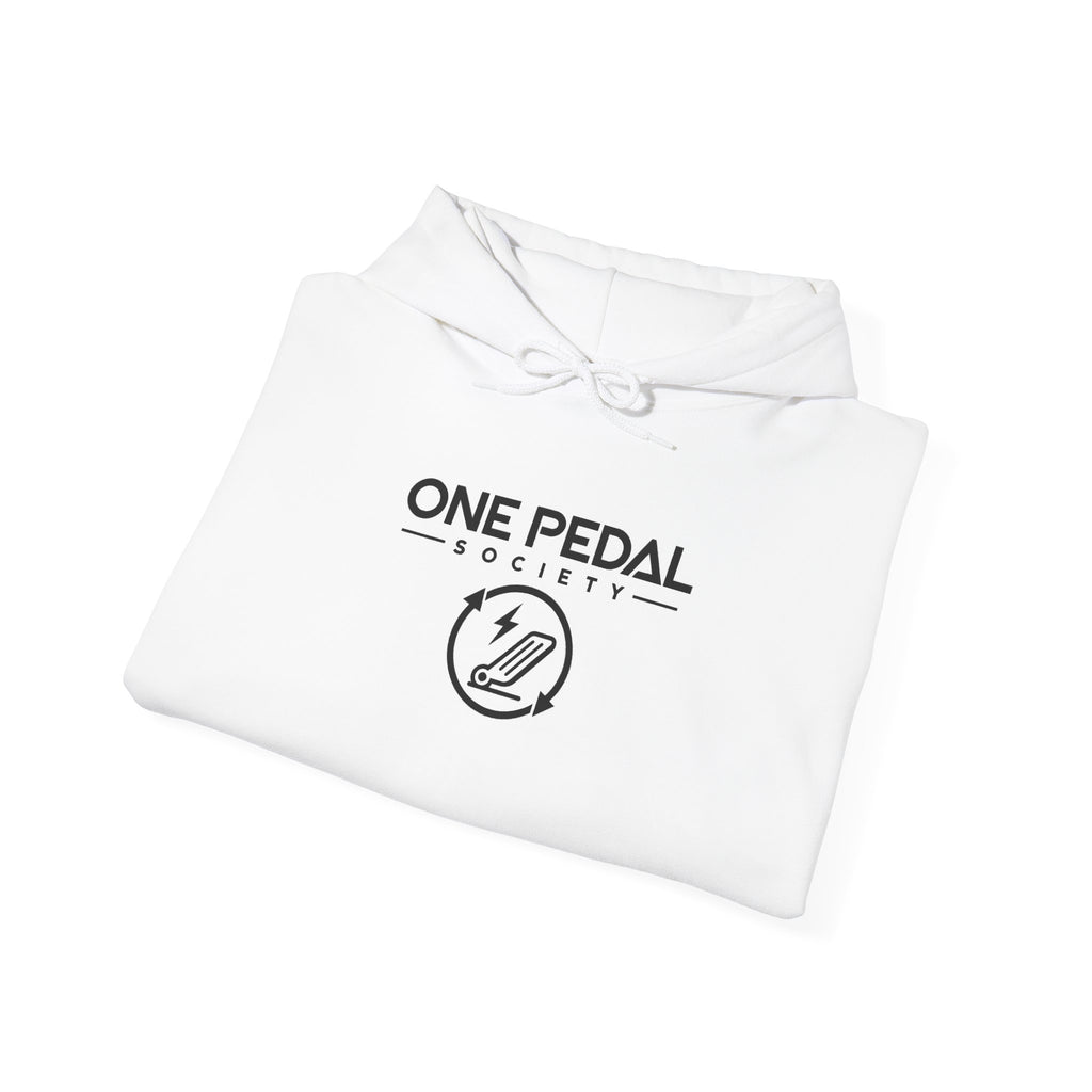White EV hoodie laid flat with front logo graphic and drawstring hood