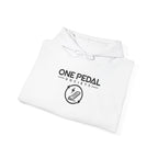 White EV hoodie laid flat with front logo graphic and drawstring hood