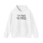 White pullover hoodie with 'I'm From The Streets' graphic and front pouch pocket